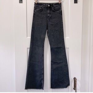 H&M High Rise Flare Jeans Dark Grey Frayed Hem Size 4